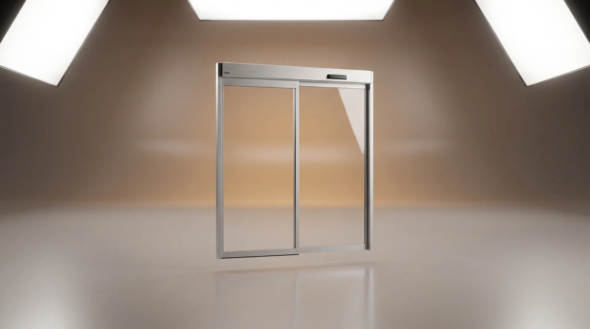 Maintenance portes automatiques piétonnes (EN 16005) : illustration studio CGI de l'équipement (rendu premium)