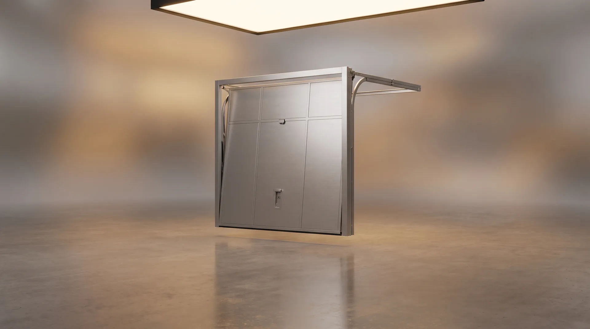Maintenance portes basculantes garage : illustration studio CGI de l'équipement (rendu premium)