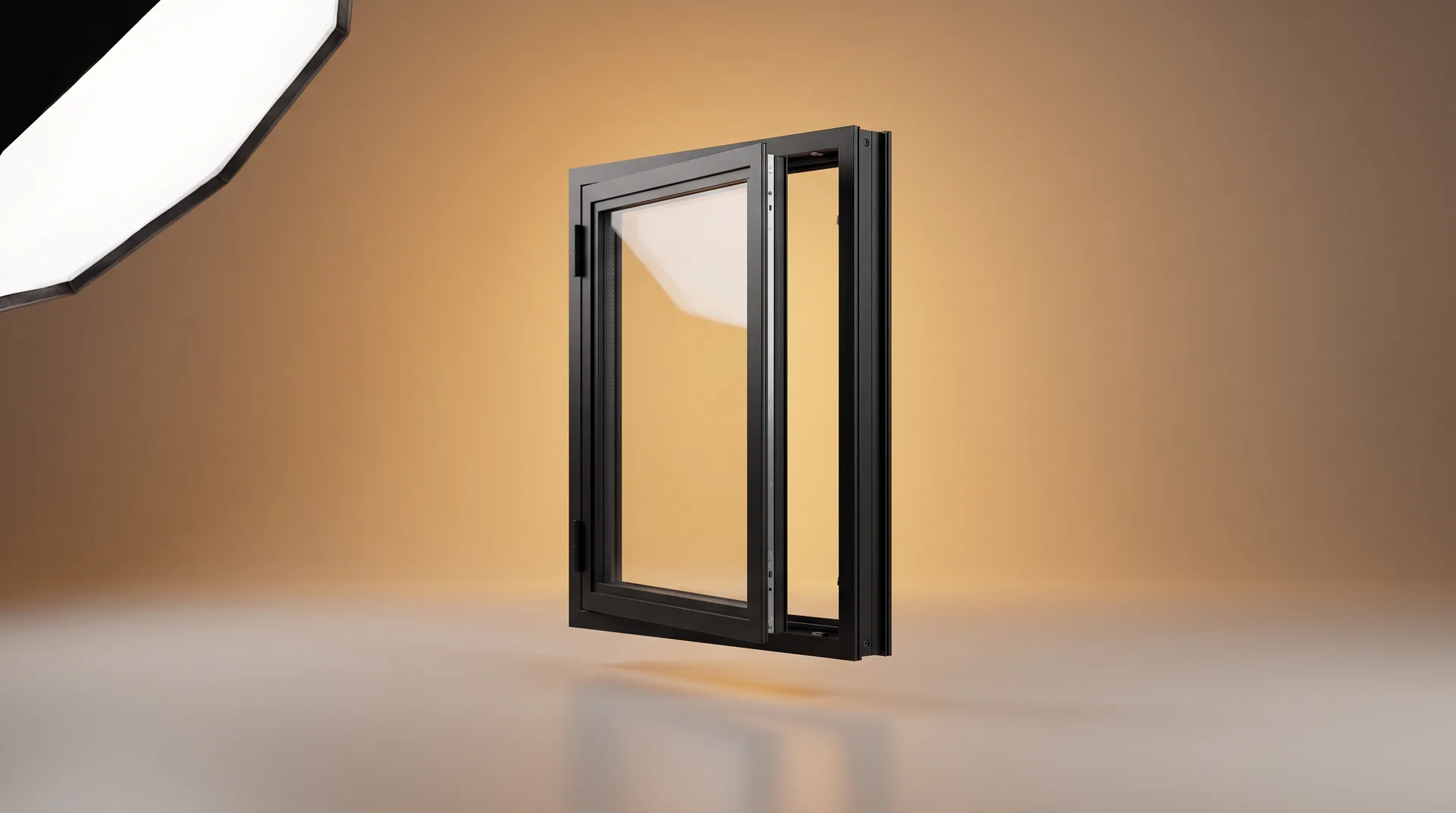 Châssis et fenêtres acier à profil fin — rupture de pont thermique : illustration studio CGI de l'équipement (rendu premium)