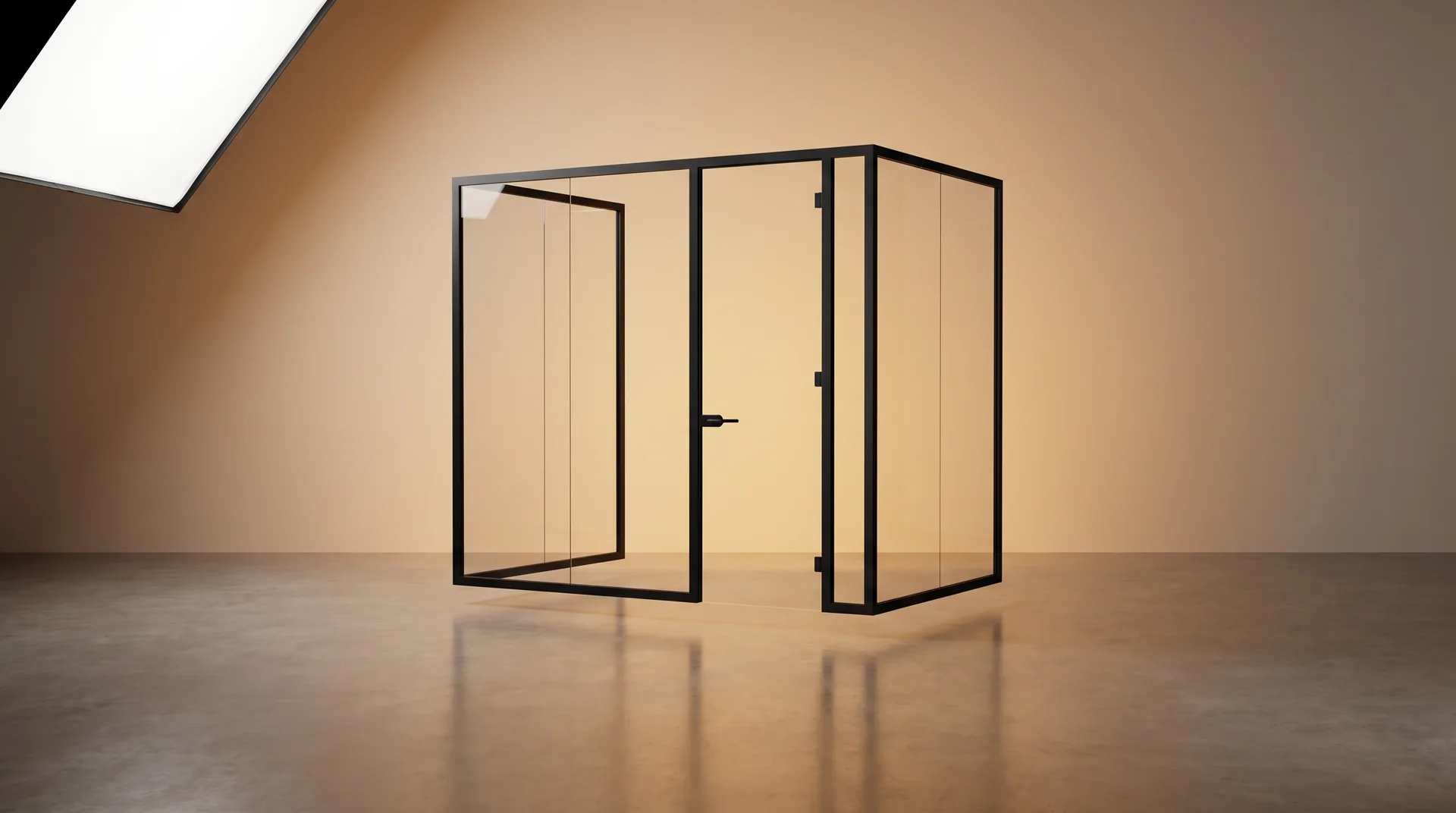 Cloisons vitrées de bureau — acoustique, modularité & flex office : illustration studio CGI de l'équipement (rendu premium)
