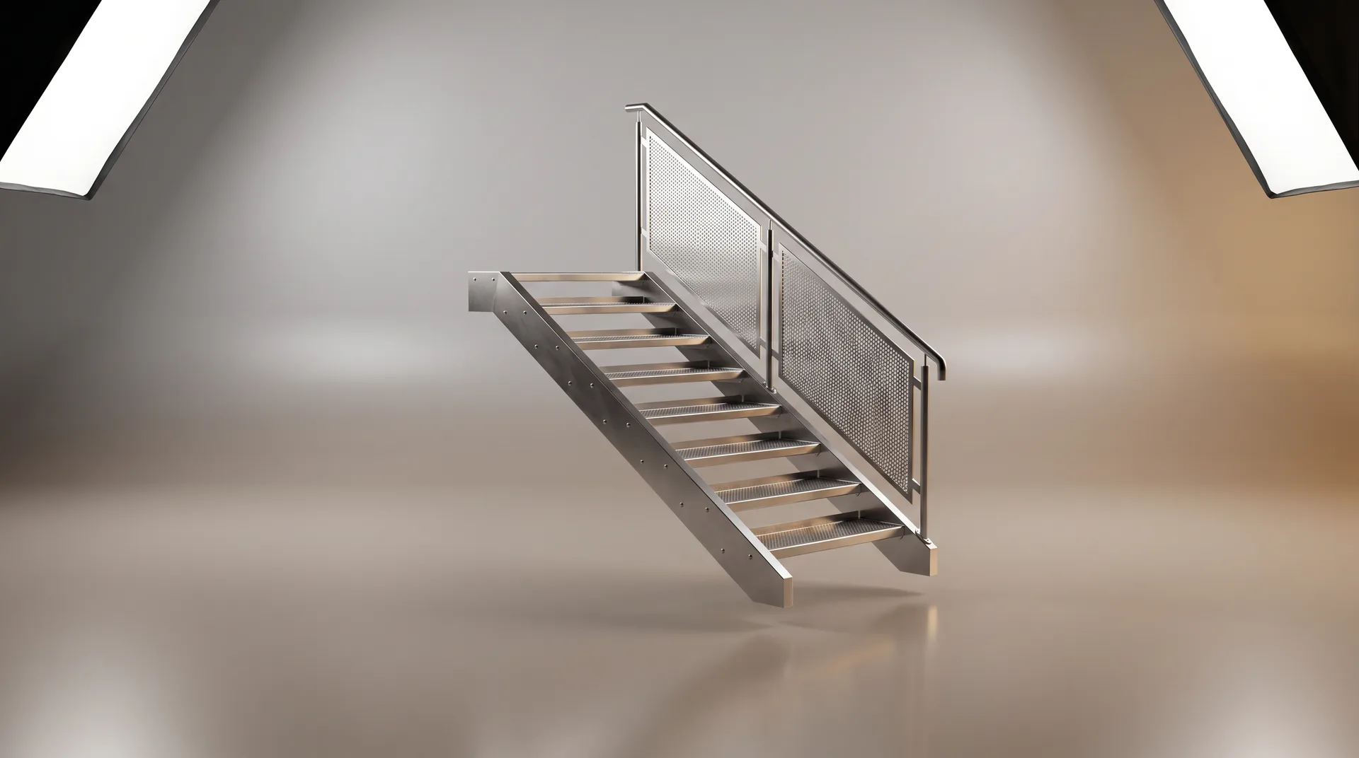 Escaliers métalliques sur mesure — conception & fabrication EN 1090 : illustration studio CGI de l'équipement (rendu premium)