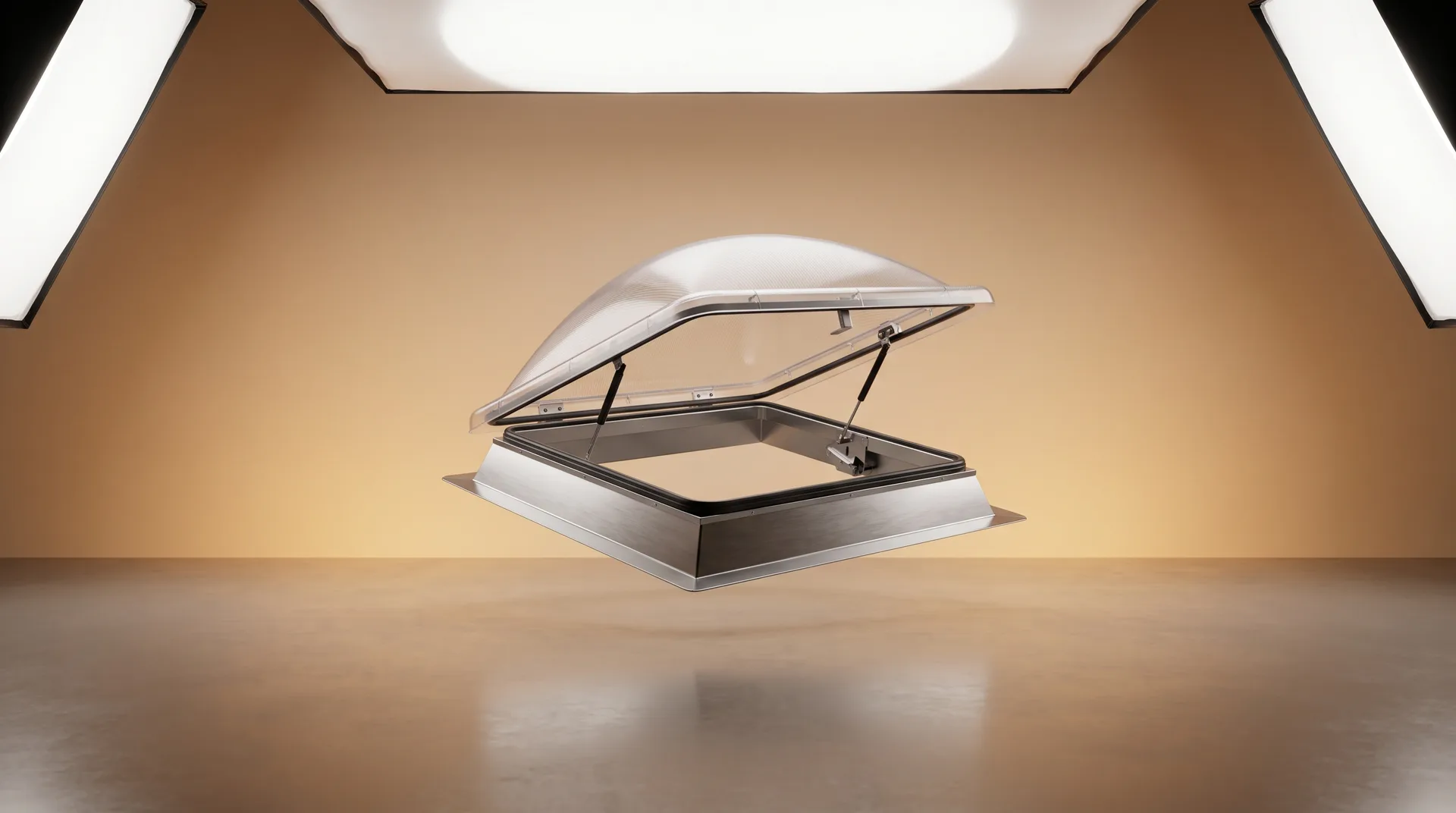 Exutoires de désenfumage DENFC — installation et maintenance : illustration studio CGI de l'équipement (rendu premium)