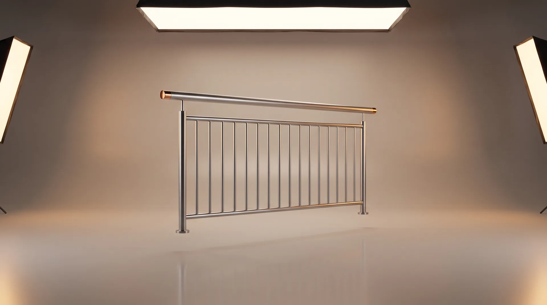 Garde-corps & mains courantes acier, inox et verre — NF P01-012 : illustration studio CGI de l'équipement (rendu premium)