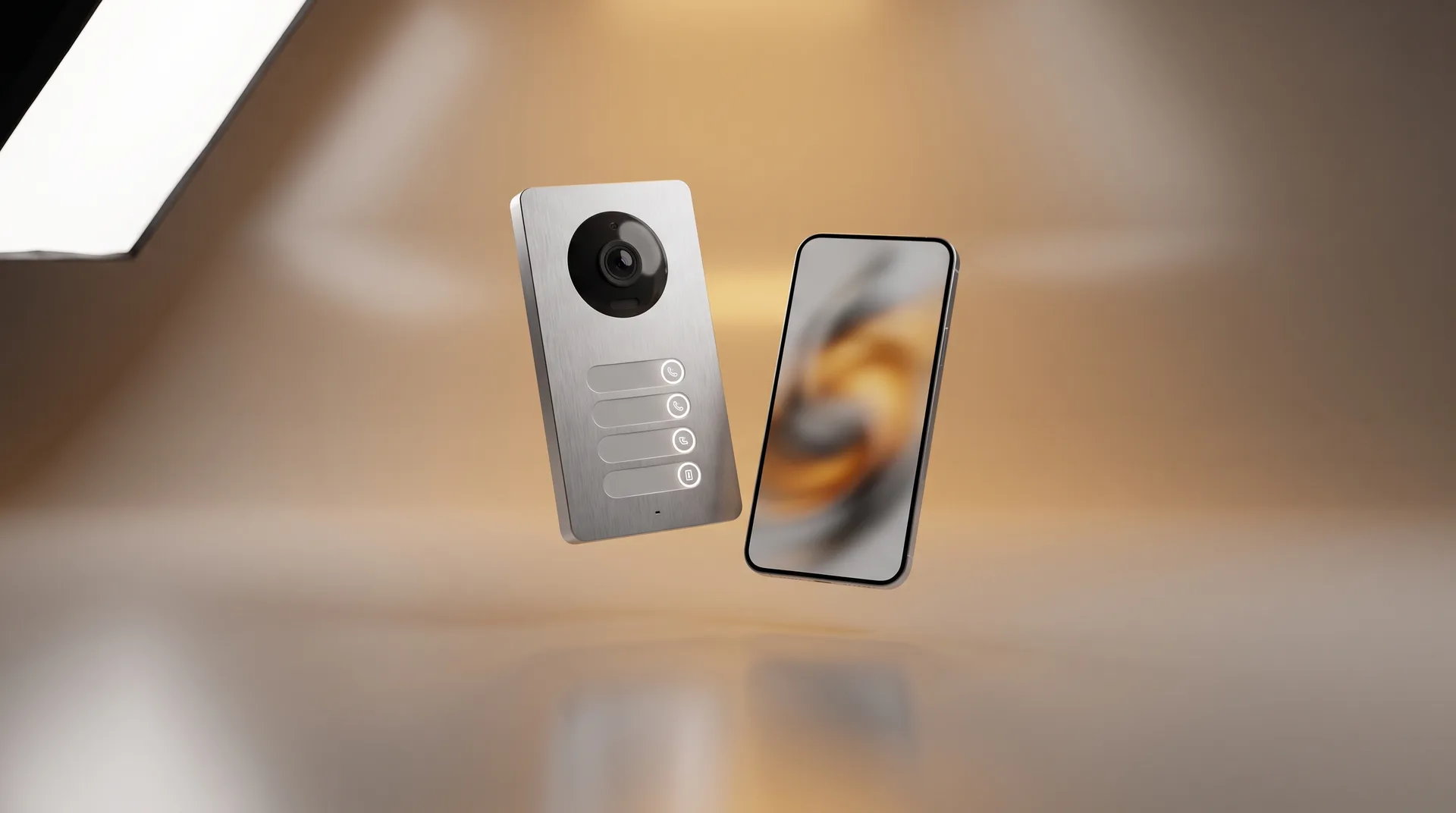 Interphonie connectée copropriété — Intratone, Urmet, Comelit : illustration studio CGI de l'équipement (rendu premium)