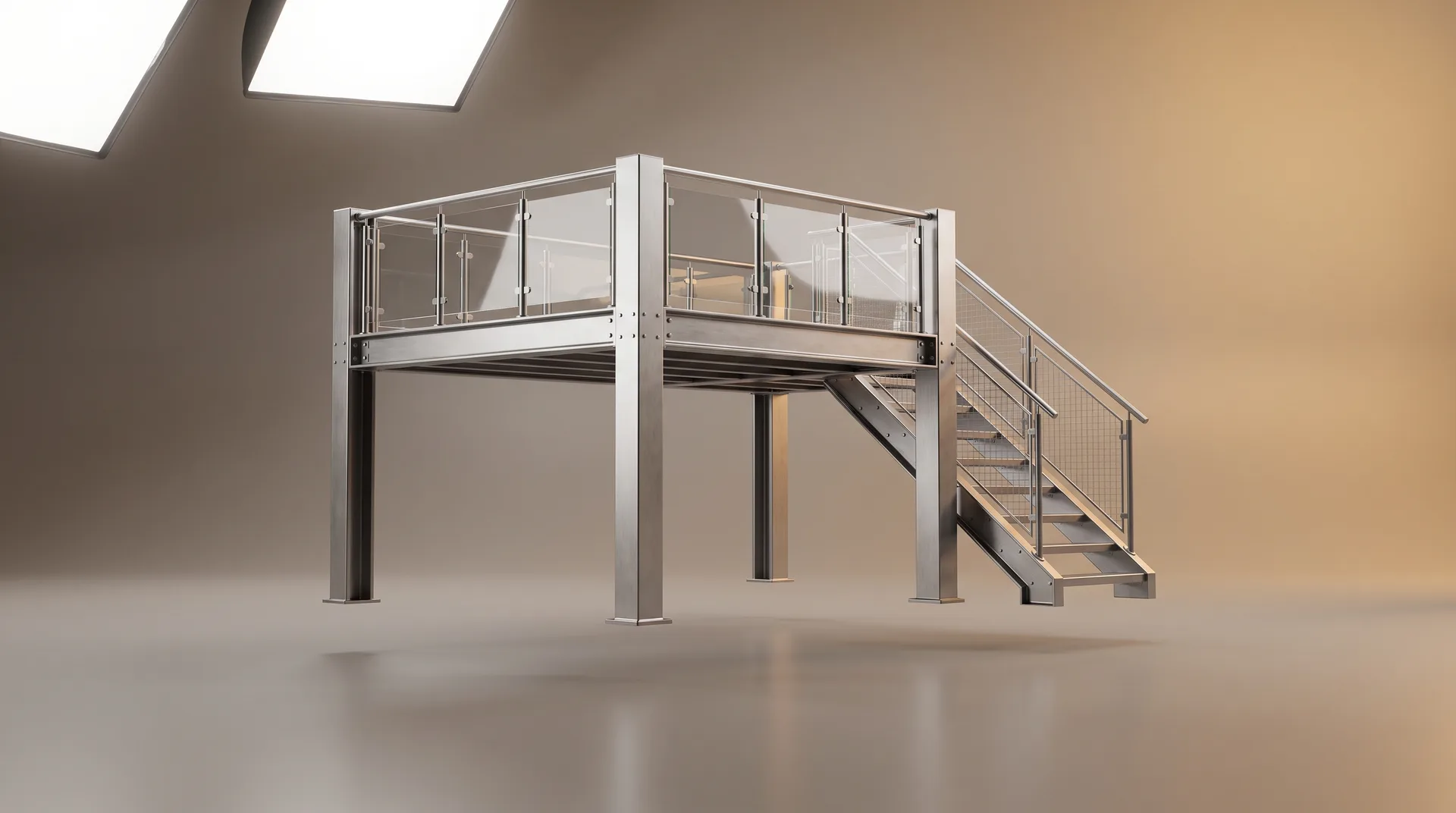 Mezzanines industrielles & plateformes de stockage acier : illustration studio CGI de l'équipement (rendu premium)