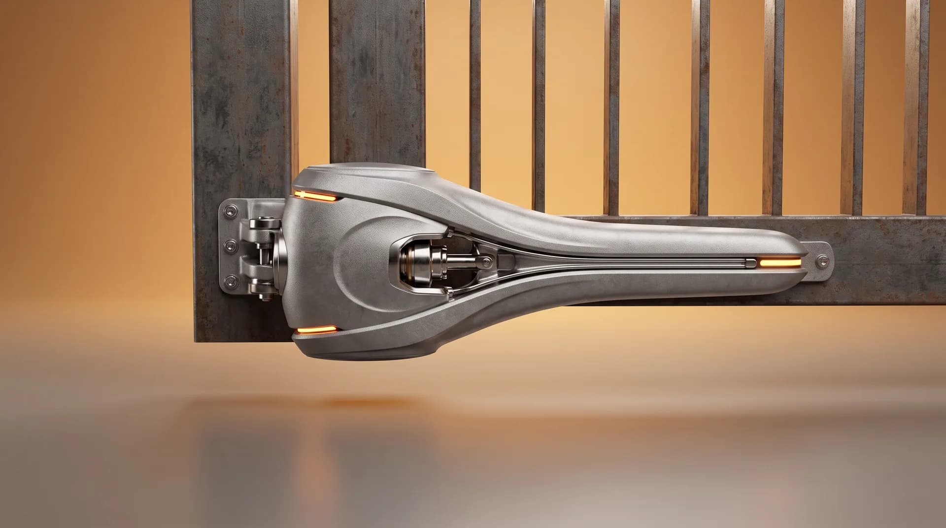 Motorisation portail copropriété et tertiaire : illustration studio CGI de l'équipement (rendu premium)