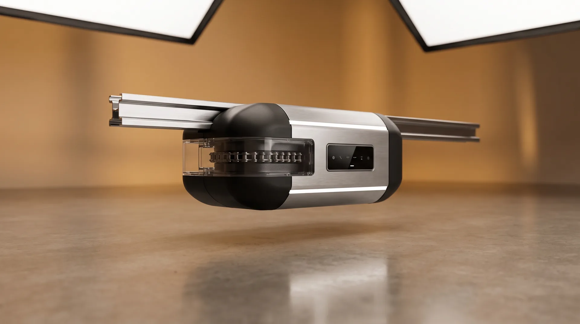 Motorisation porte sectionnelle industrielle : illustration studio CGI de l'équipement (rendu premium)