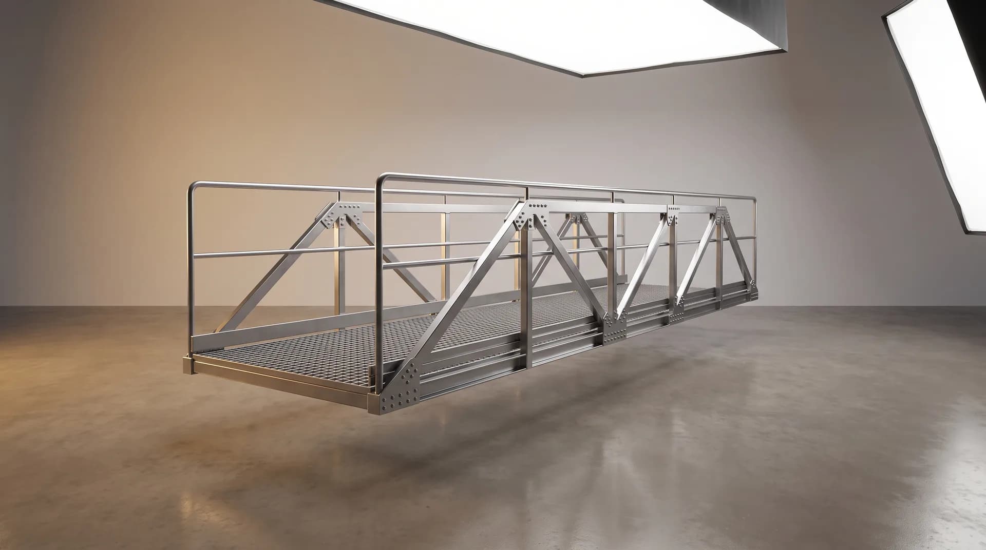 Passerelles de circulation et accès techniques métalliques : illustration studio CGI de l'équipement (rendu premium)