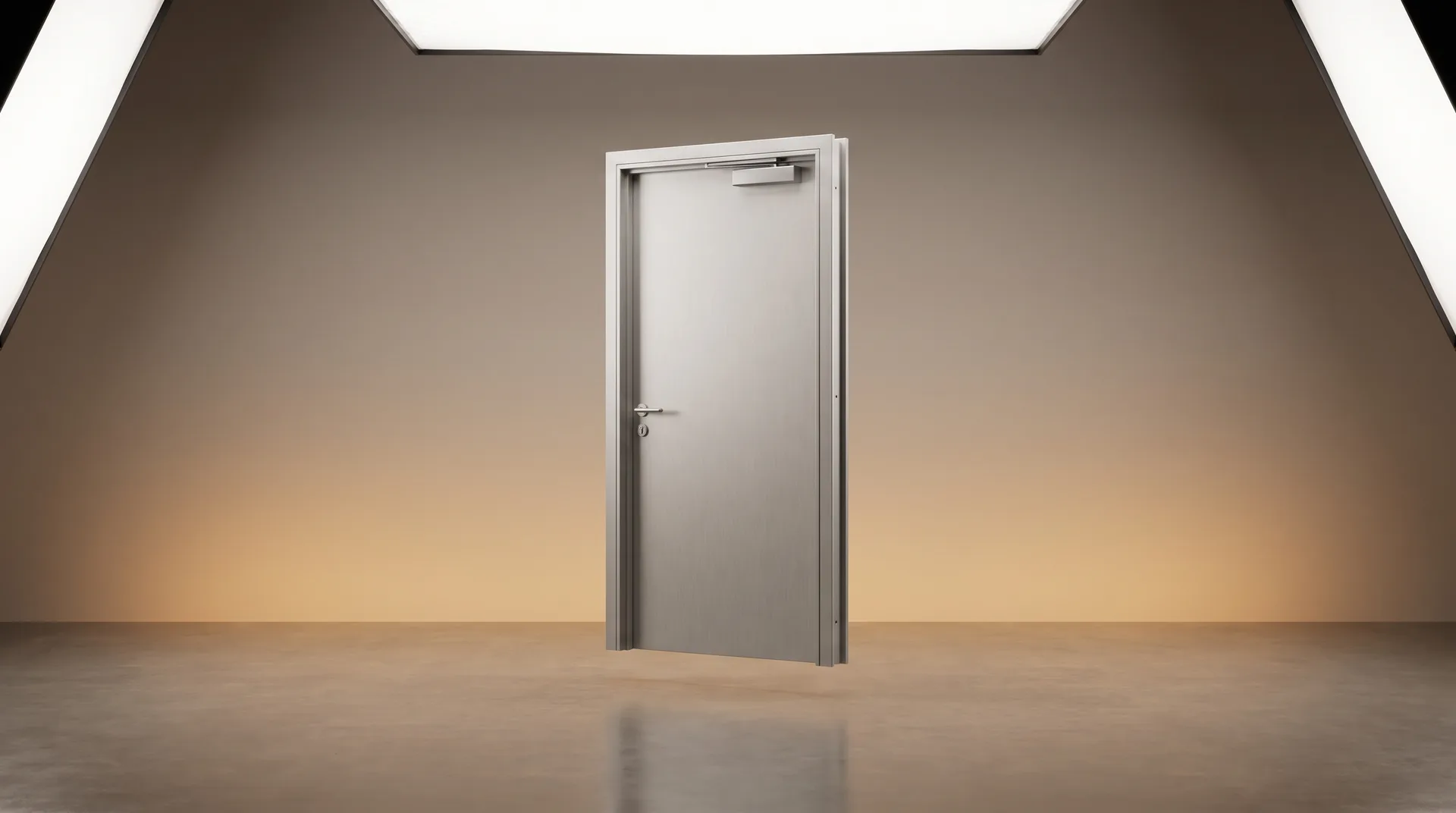 Portes coupe-feu EI30 — étanchéité + isolation 30 minutes : illustration studio CGI de l'équipement (rendu premium)