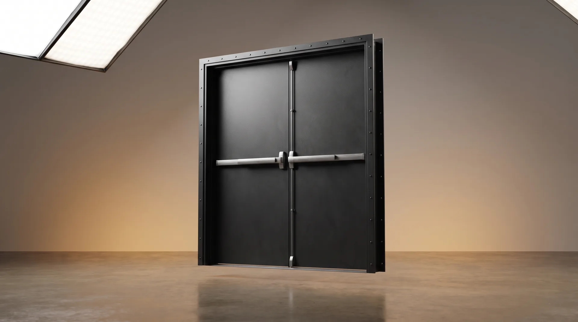 Portes coupe-feu EI90 — 90 minutes ERP 2e catégorie, sites ICPE : illustration studio CGI de l'équipement (rendu premium)