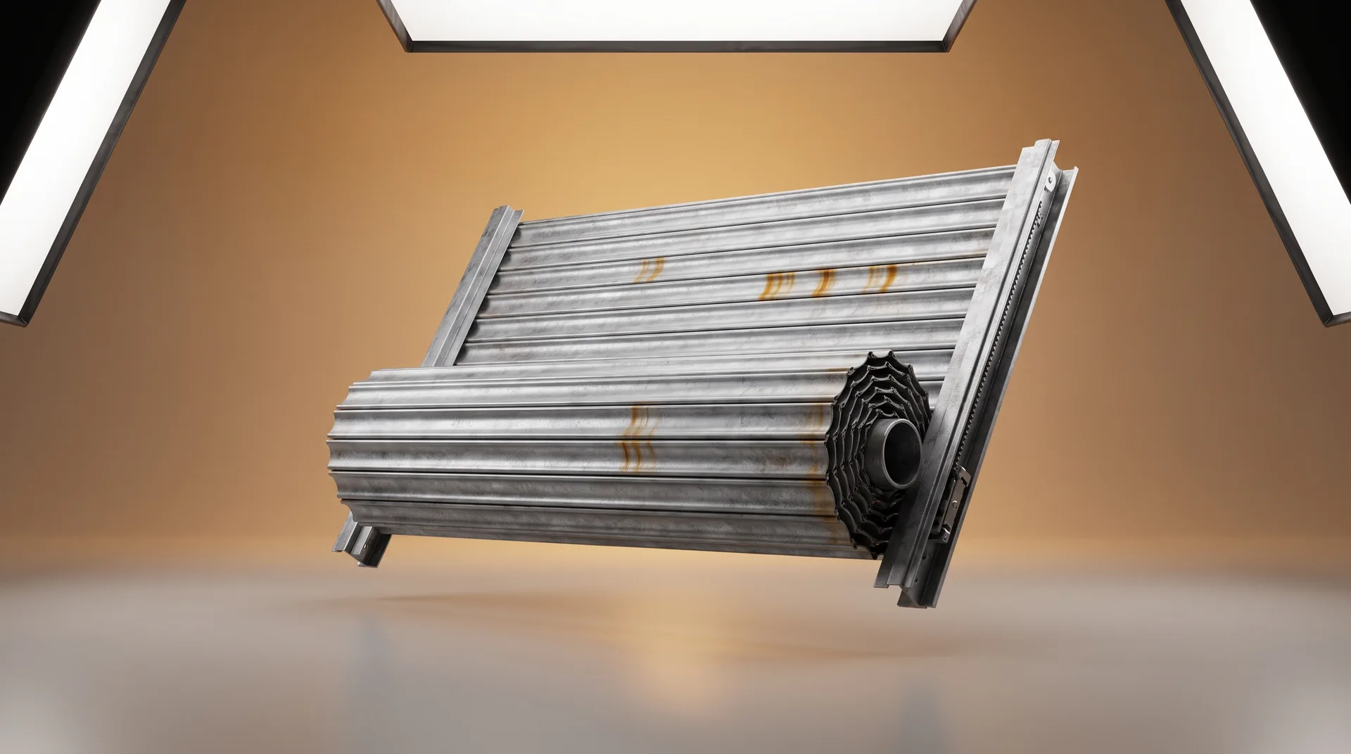 Maintenance rideaux métalliques commerciaux : illustration studio CGI de l'équipement (rendu premium)
