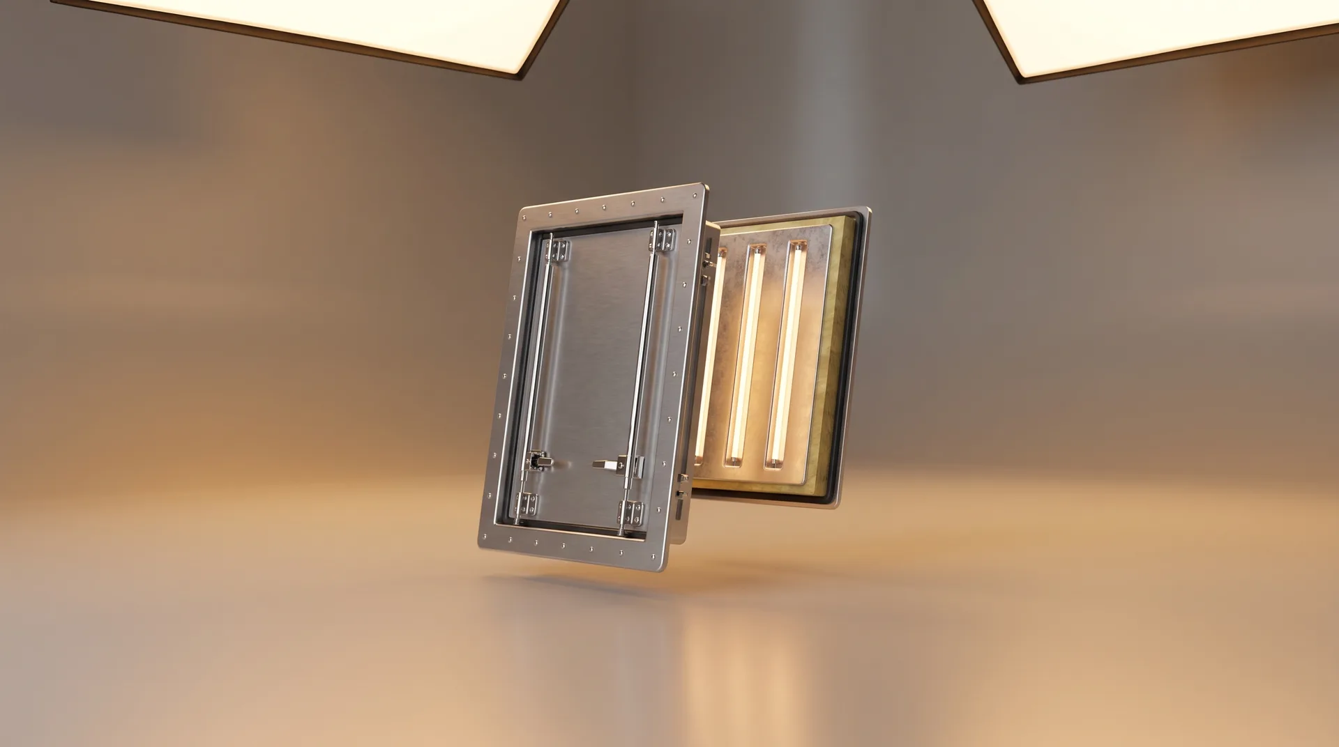 Trappes de désenfumage — cages d'escalier et locaux techniques : illustration studio CGI de l'équipement (rendu premium)