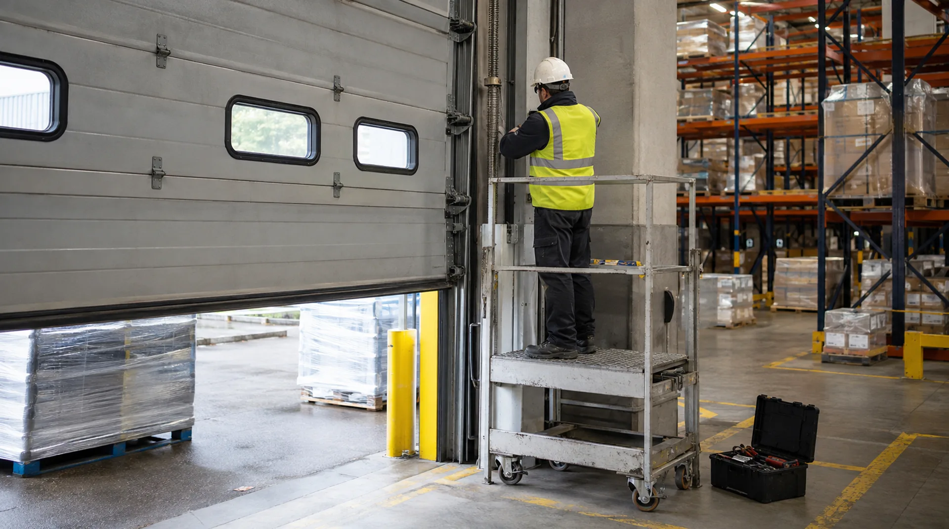 Portes sectionnelles industrielles Hörmann SPU 67 alignées en entrepôt logistique