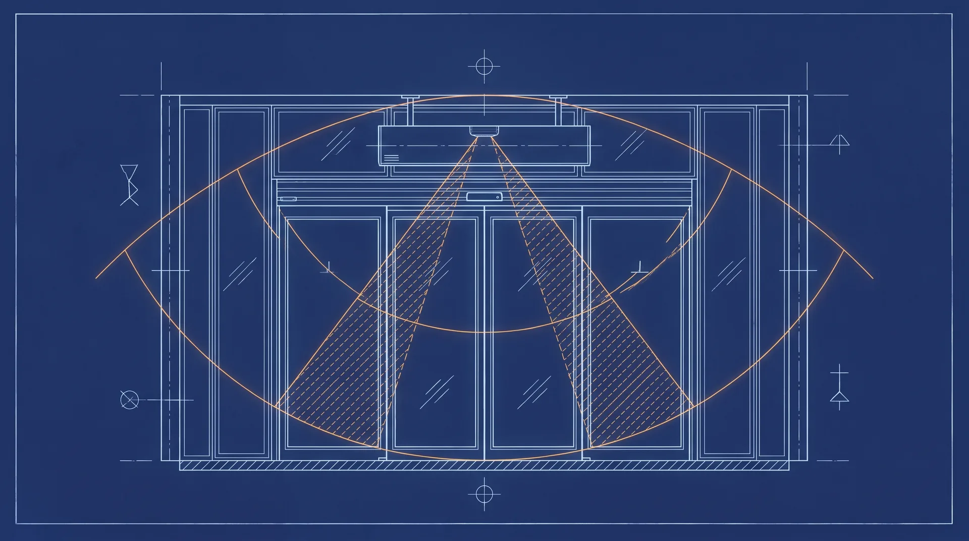 Illustration technique stylisée — NF EN 16005 — Sécurité des portes piétonnes automatiques