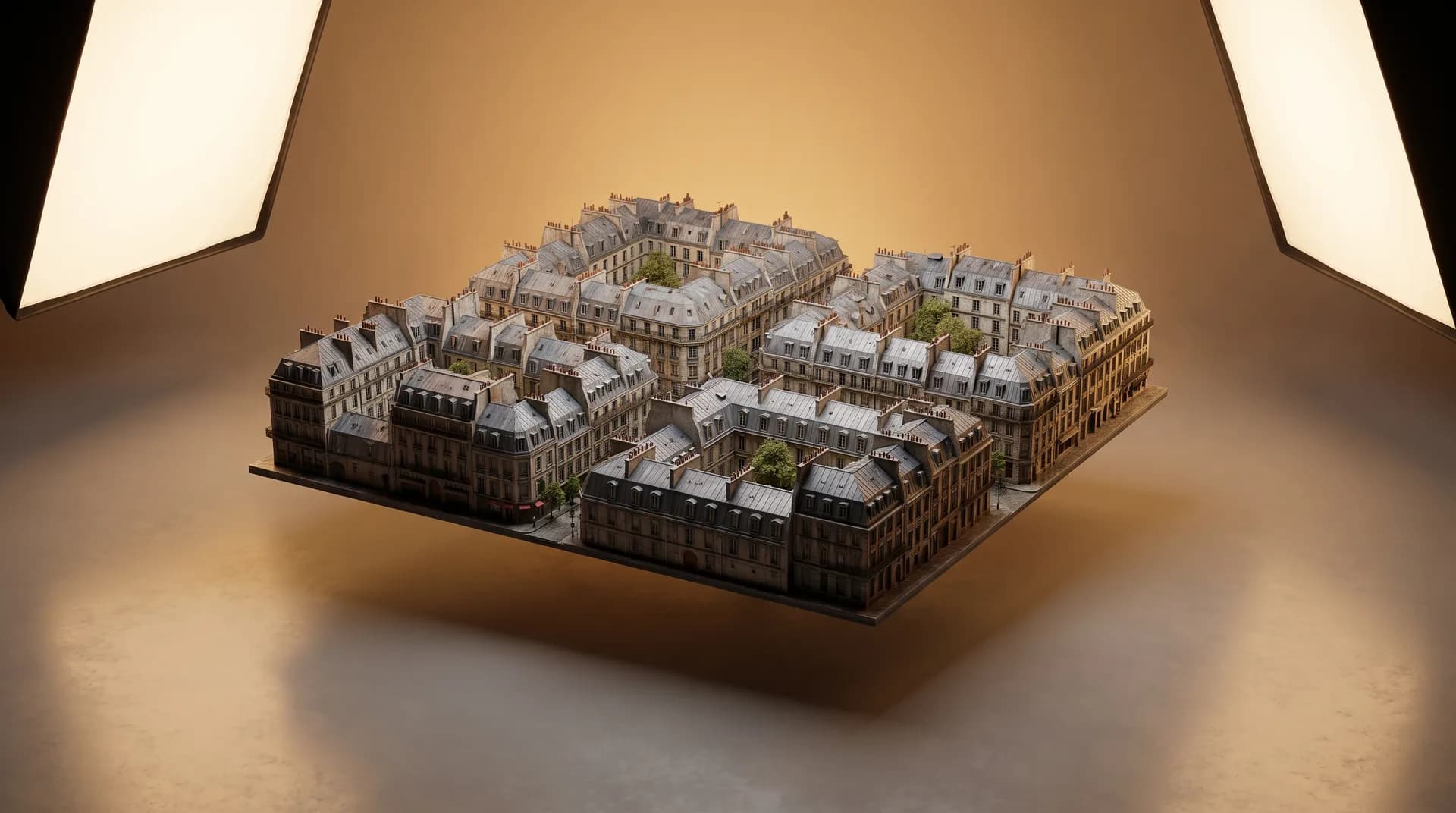 Diorama CGI stylisé du territoire — Paris, typologie de bâti et d'activité