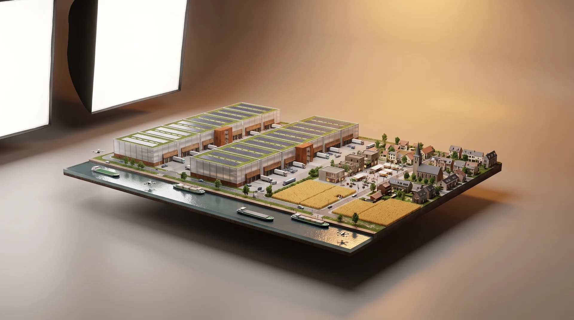 Diorama CGI stylisé du territoire — Seine-et-Marne, typologie de bâti et d'activité