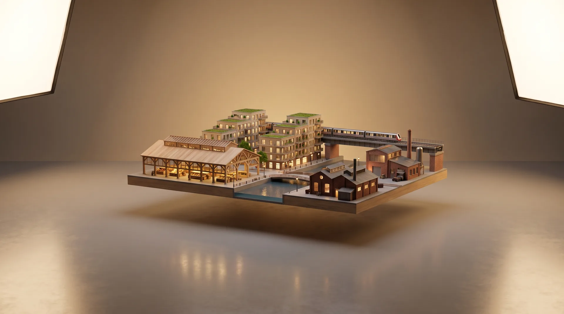 Diorama CGI stylisé du territoire — Val-de-Marne, typologie de bâti et d'activité
