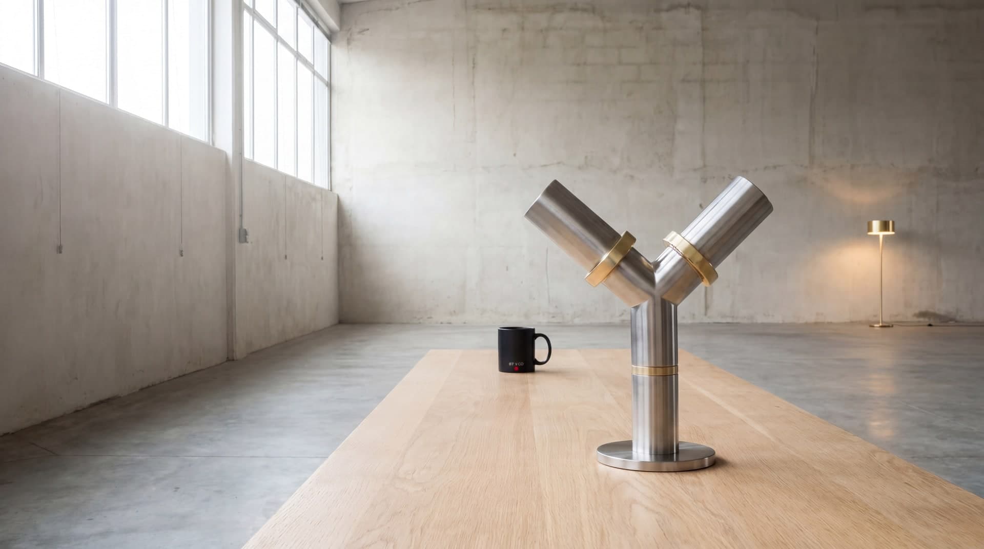 Atelier IEF & CO Groslay — pièce métal sculpturale sur établi en bois, lumière naturelle