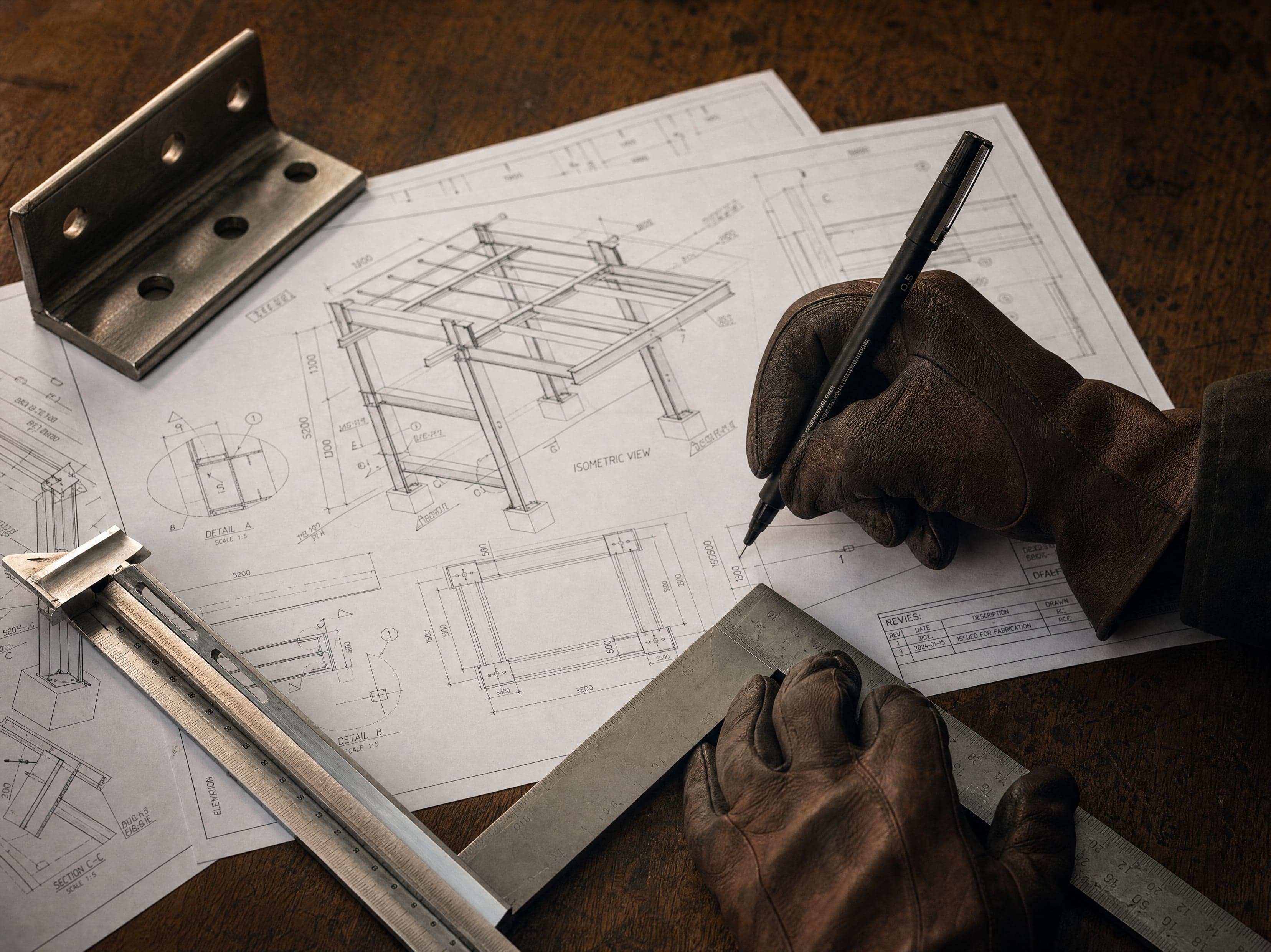 Illustration de mains travaillant sur un plan technique de structure métallique