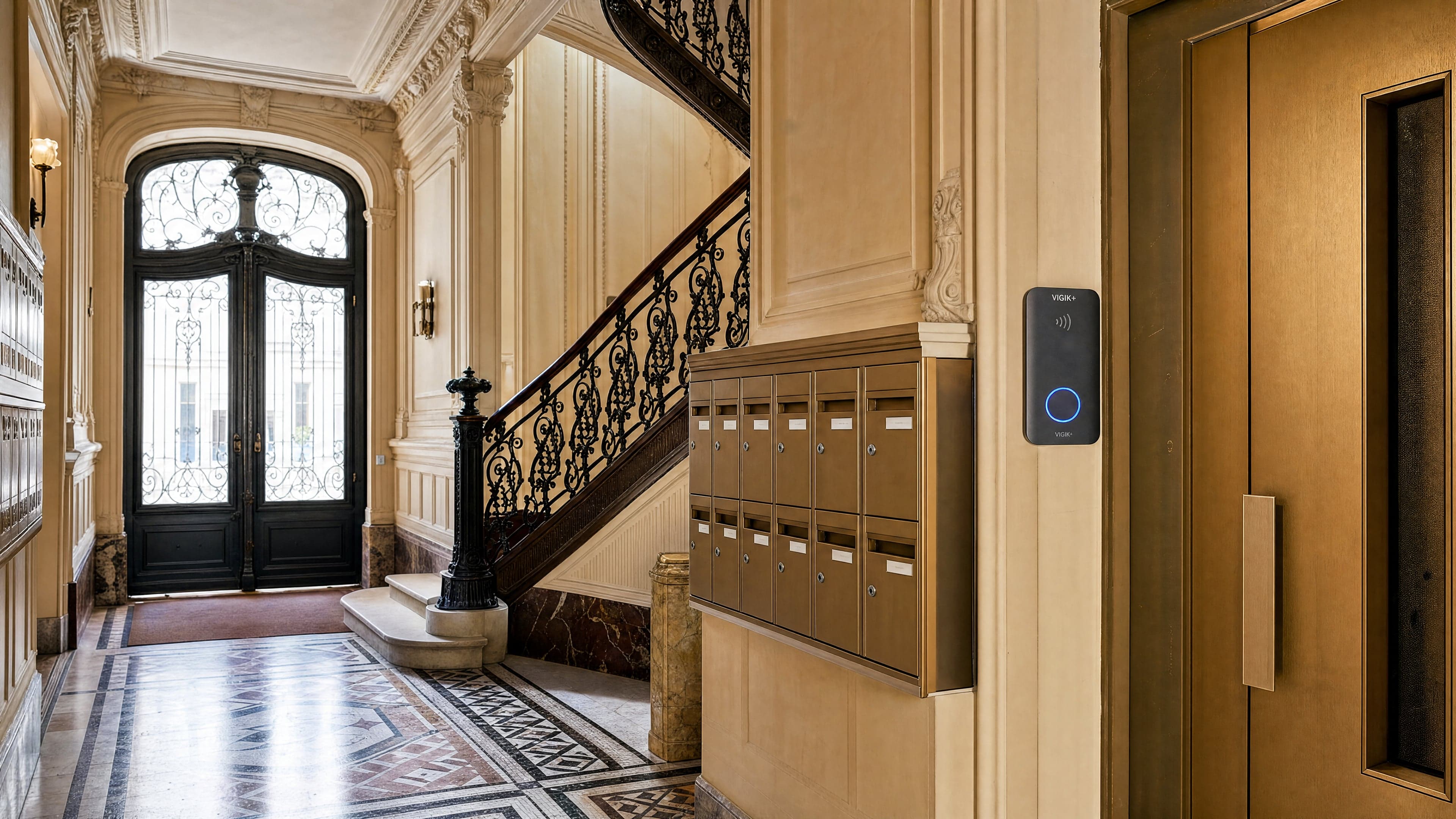 Hall haussmannien parisien équipé d'un lecteur VIGIK+ — copropriété cible migration 2030