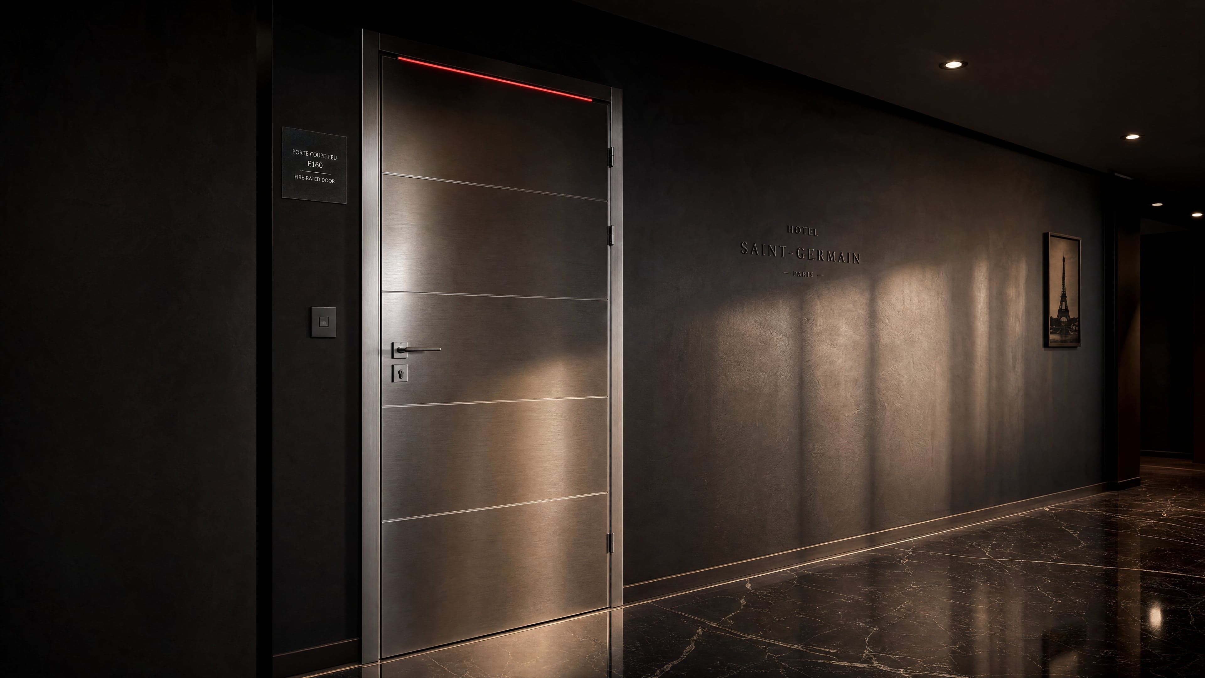 Porte coupe-feu EI60 brushed steel hôtellerie premium