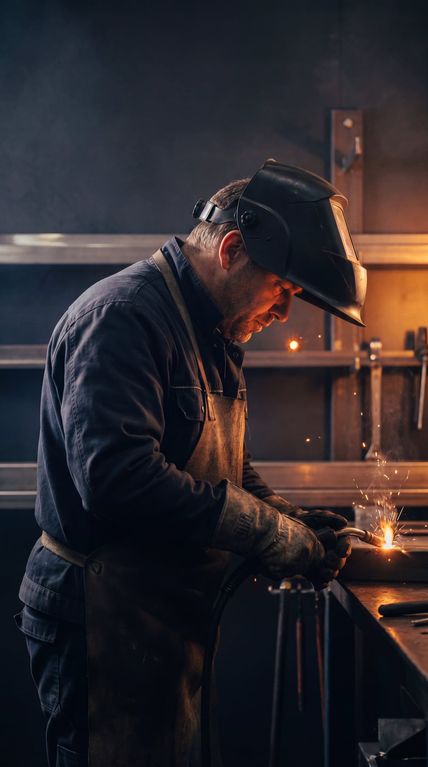 Atelier IEF & CO Groslay — métallier au travail, soudure TIG, étincelles oranges