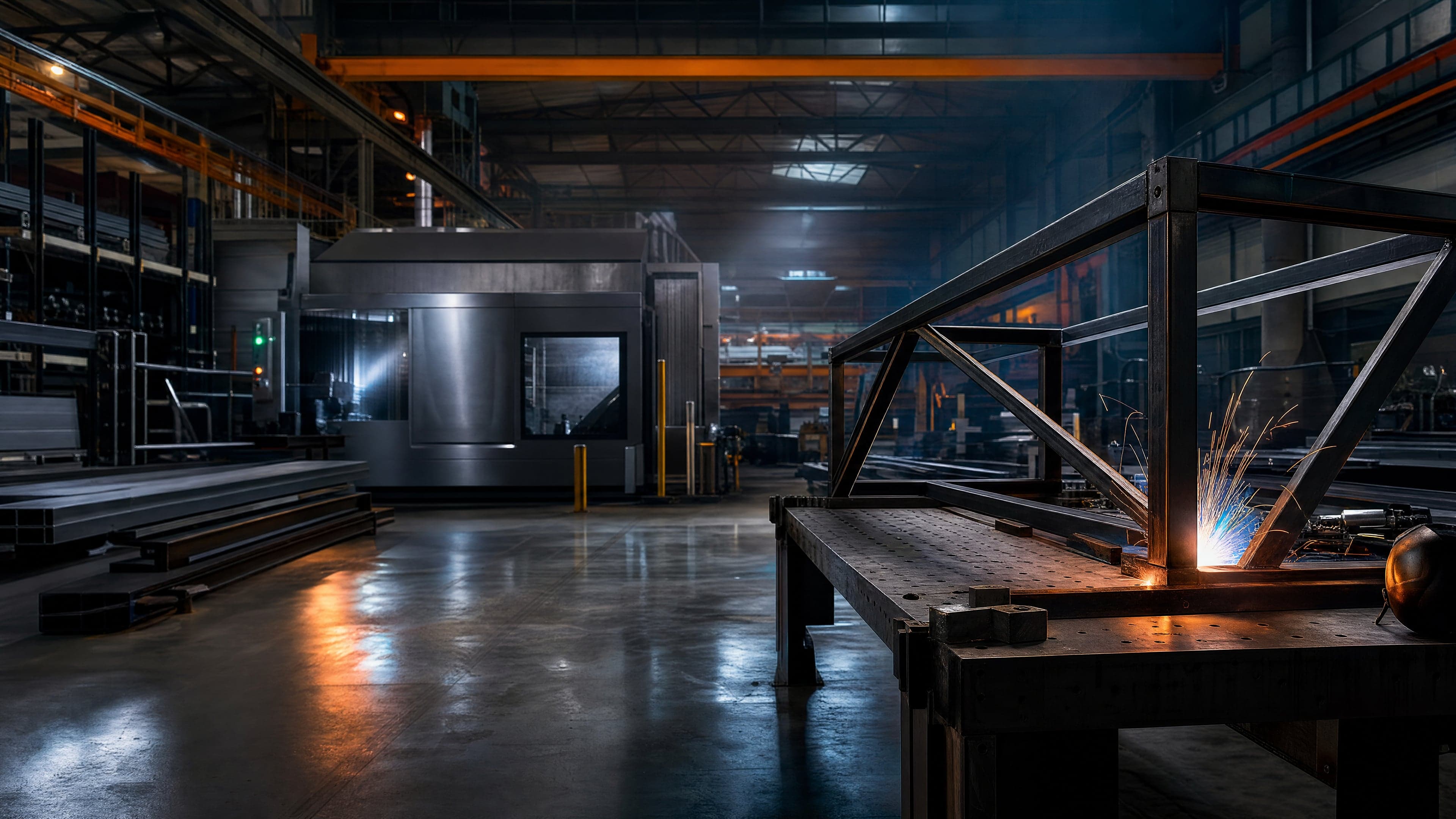 Atelier de fabrication métallique structures acier soudure MIG sparks CNC ambiance forge