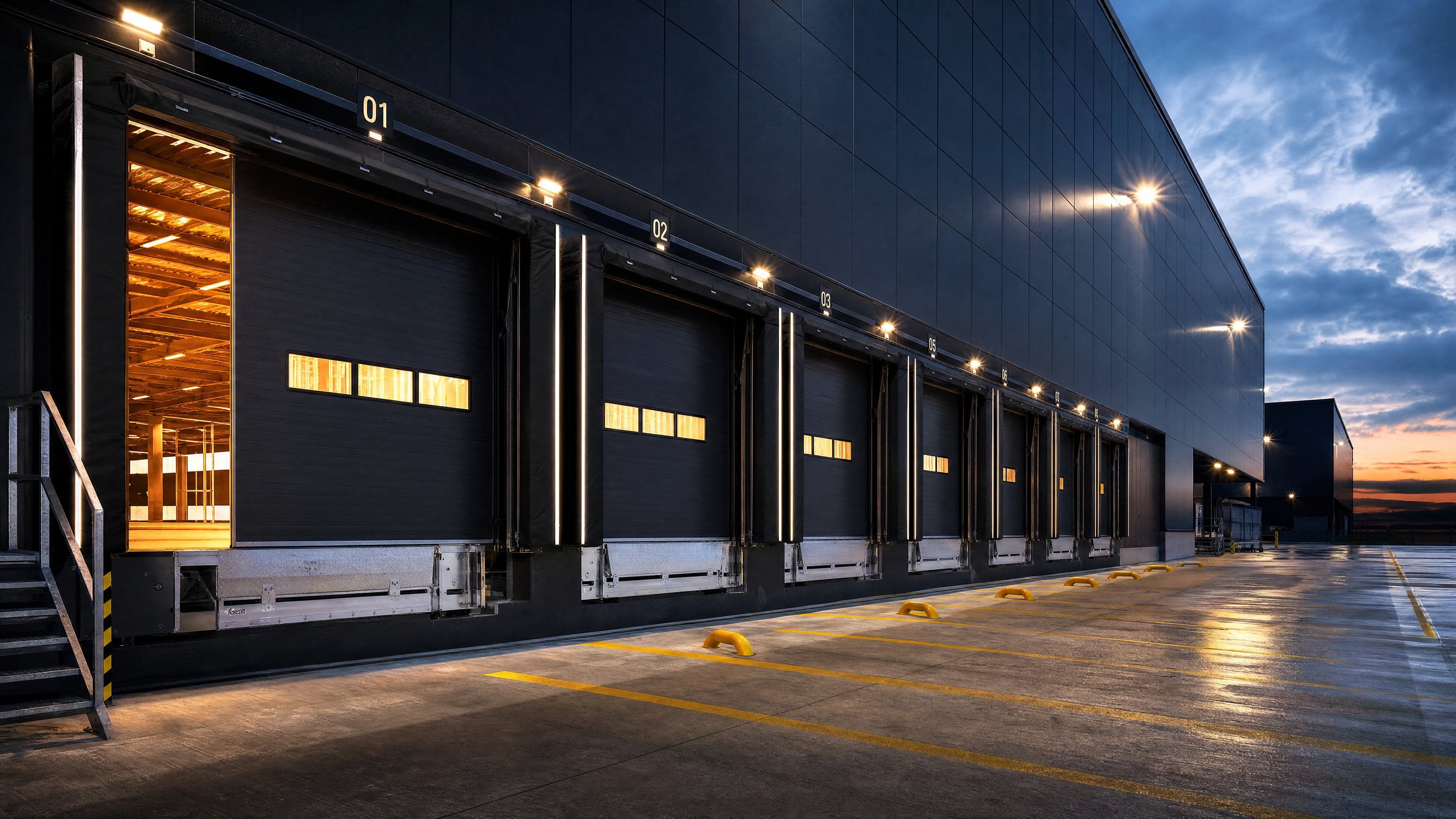 Quai logistique IDF avec 8 portes sectionnelles industrielles alignées — maintenance Crawford Hörmann Nergeco par IEF & CO