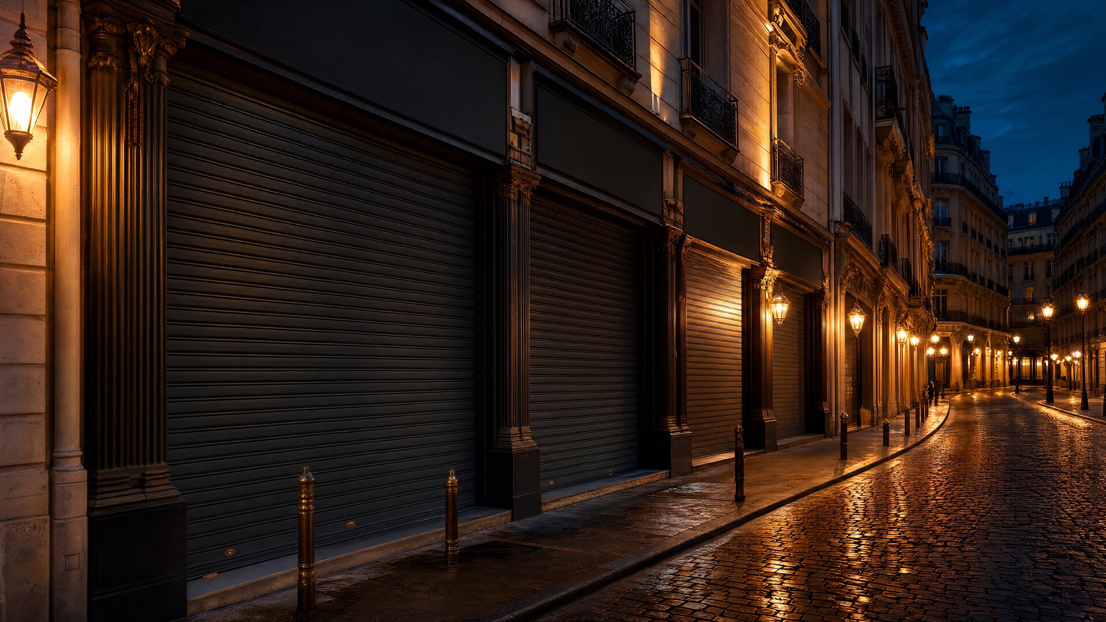 Devanture commerciale Belle Époque Paris avec rideaux métalliques brushed steel anthracite fermés en soirée