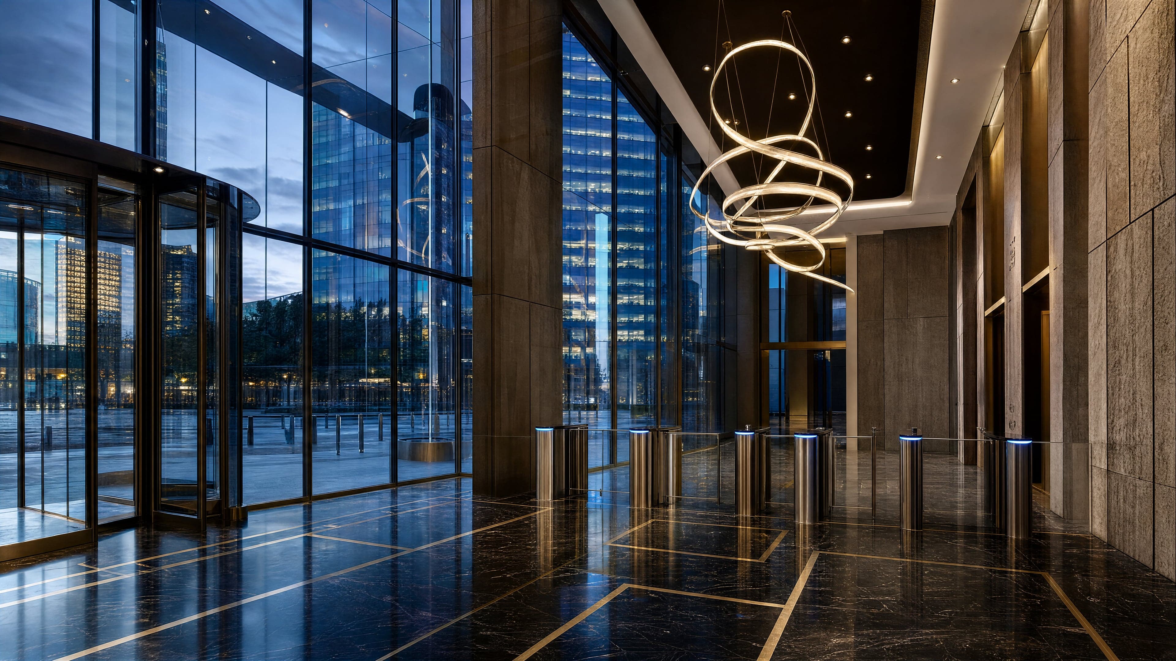 Lobby tour tertiaire La Défense marbre noir poli portail RFID brushed steel LED bleu crépuscule