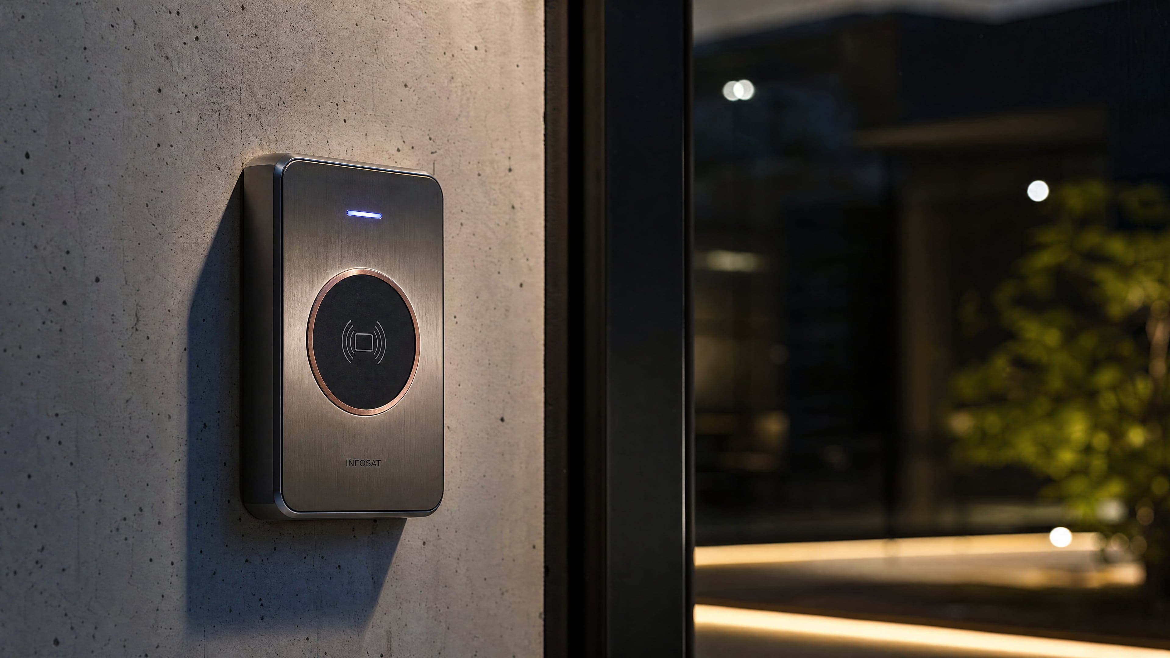 Lecteur RFID corporate brushed steel sur mur béton minimaliste, éclairage rim cinématique