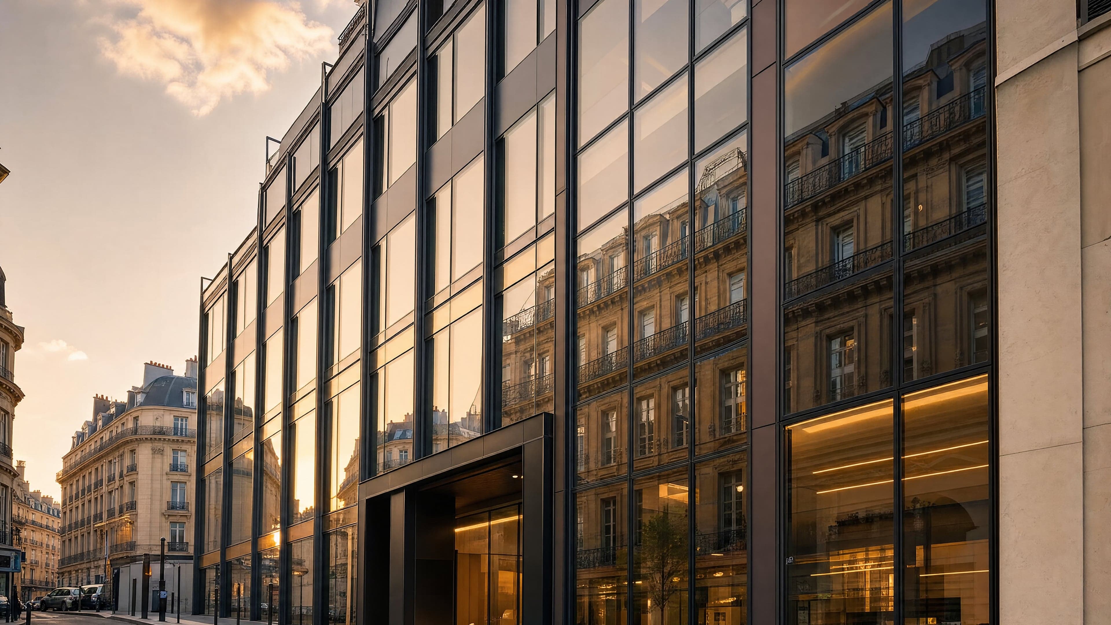 Façade vitrée tertiaire mur-rideau Schüco 480 m² Paris 9e golden hour